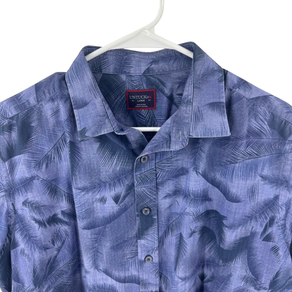 UNTUCKit Mens Large Blue Palm Leaf Print Short Sleeve Cotton Button Down Shirt - Picture 4 of 8